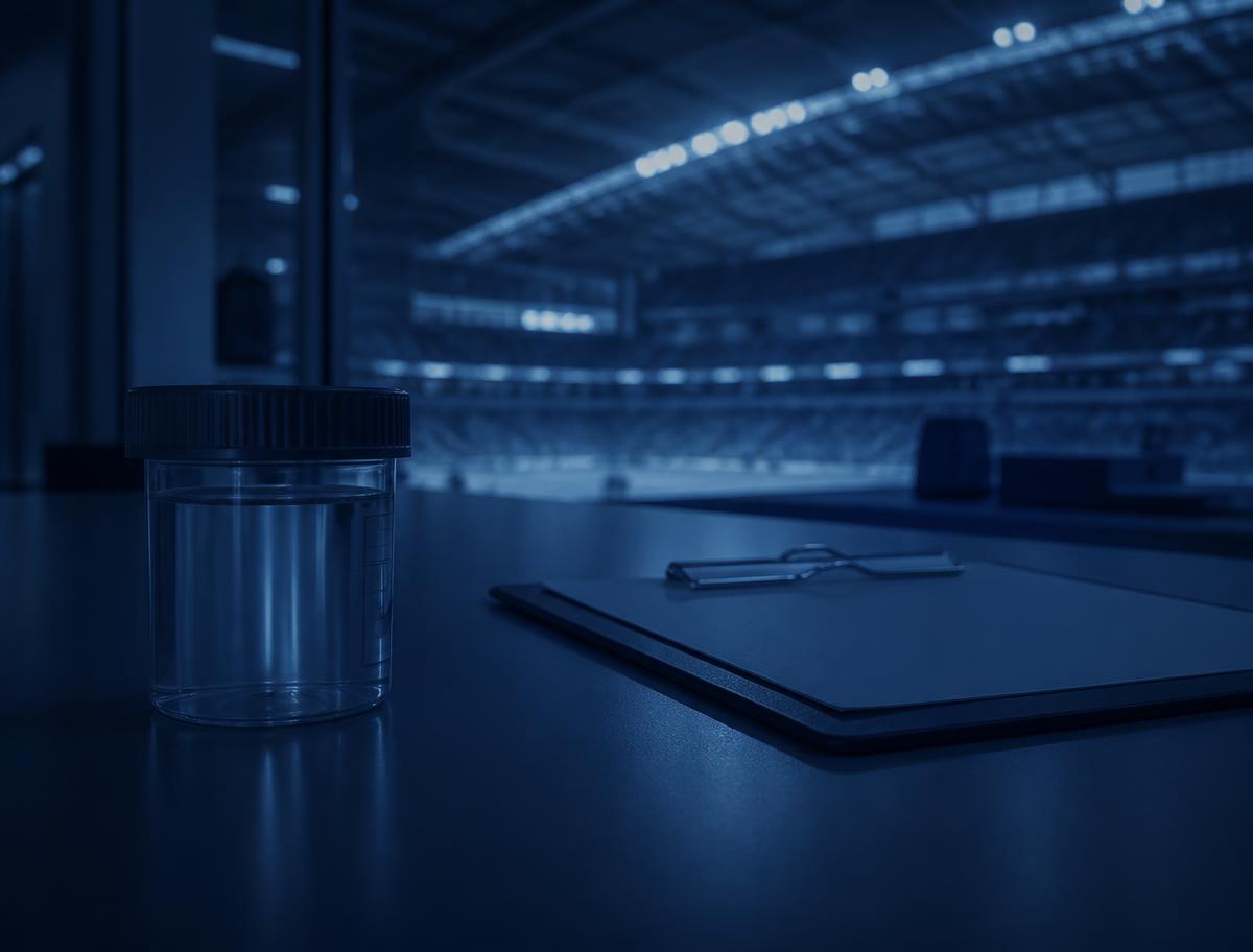 Neutraler Probenbehälter und Klemmbrett vor einer Sportarena, blau abgetönt