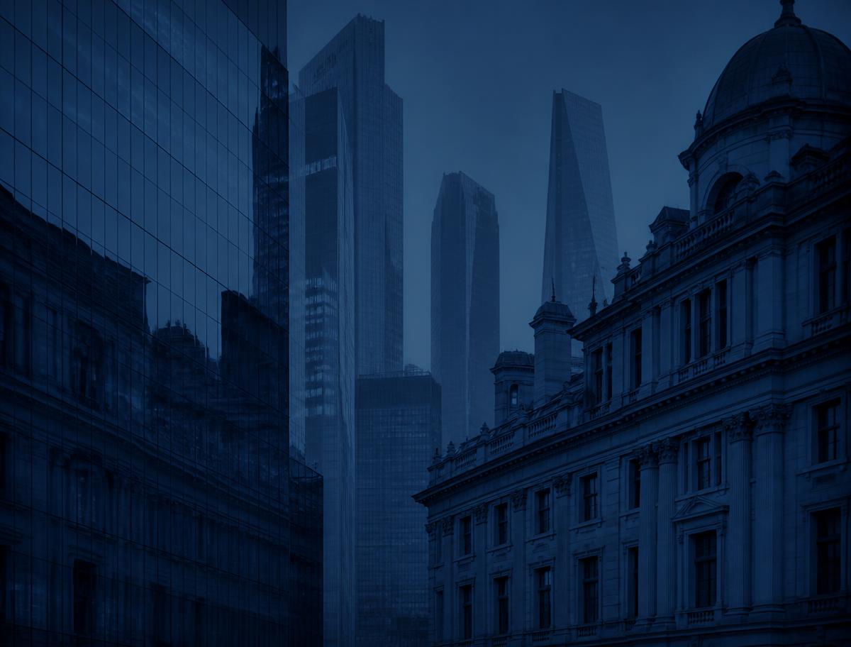 Moderne Hochhäuser und historische Architektur in tiefem Blau