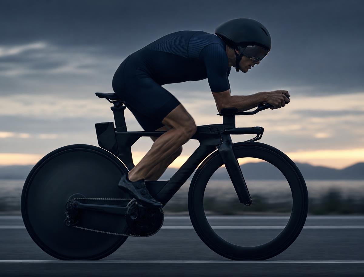 Silhouette eines Triathleten auf dem Rad in tiefem Blau