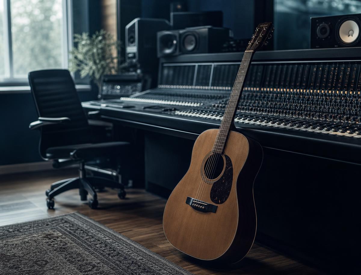 Gitarre neben einem Mischpult in einem Tonstudio, blau abgetönt